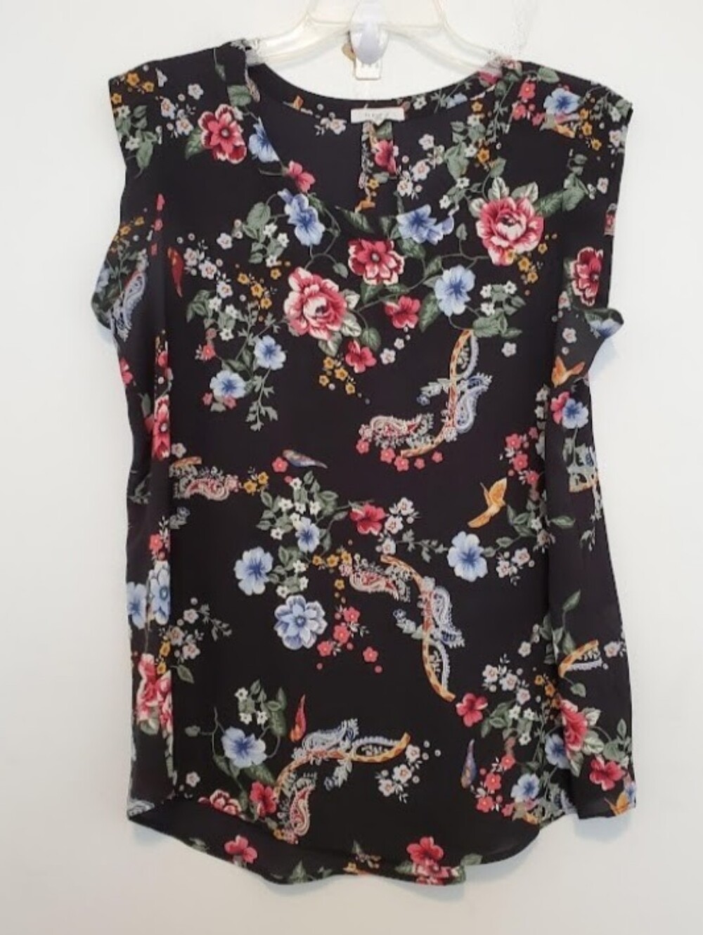 Pleione Black Multicolor Floral Paisley Cap Sleeve Flowy Top Pleated Back Size M